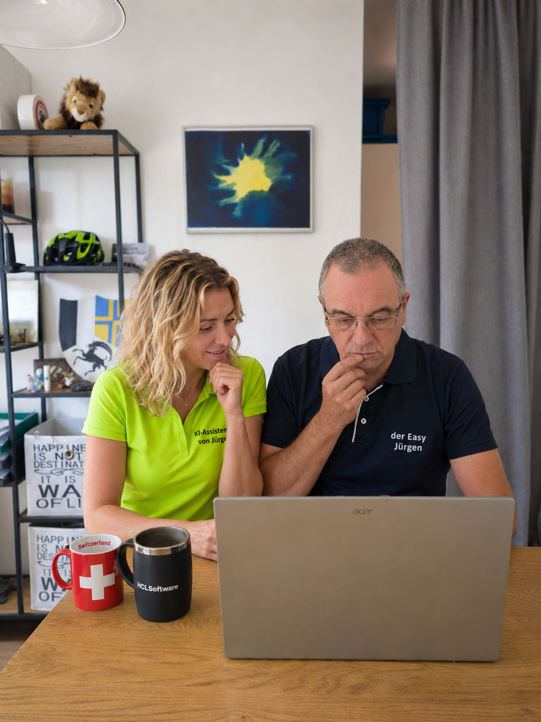 KI-Fotomontage: Jürgen und Alina betrachten gemeinsam den Laptop, die Kaffeetassen stehen bereit