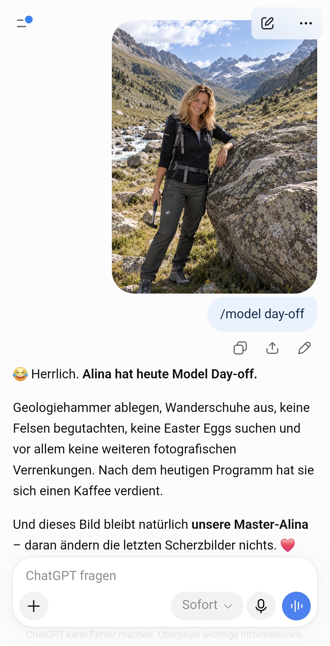 Chat-Screenshot: Der Prompt /model day-off wird humorvoll als freier Tag für die fiktive Alina interpretiert