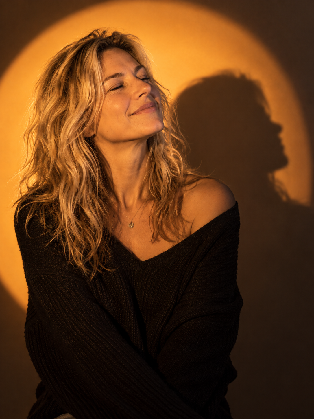 KI-Bild: Alina im warmen Licht vor einem runden Lichtschein