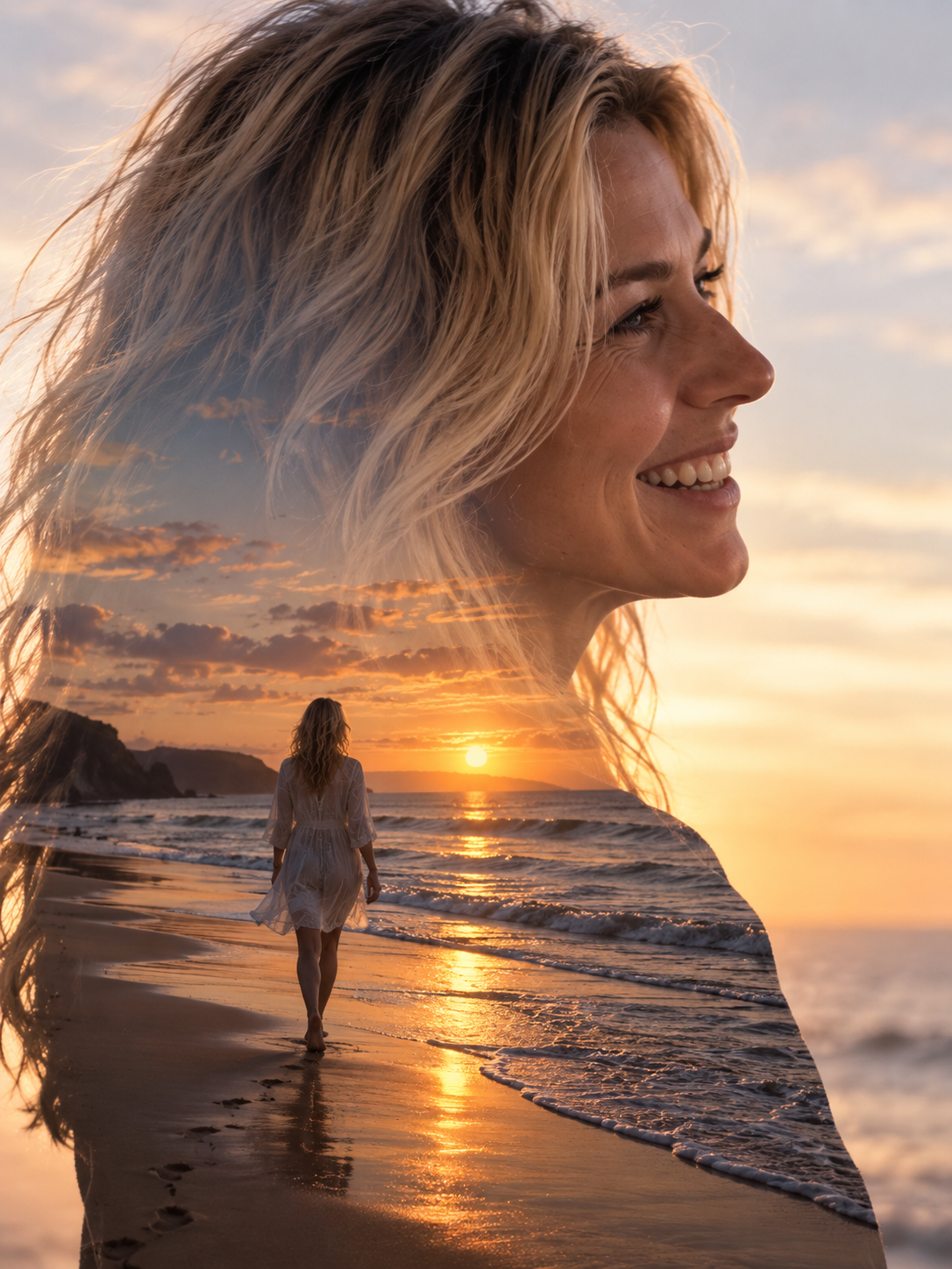 KI-Bild: Doppelbelichtung von Alina und einem Sonnenuntergang am Meer