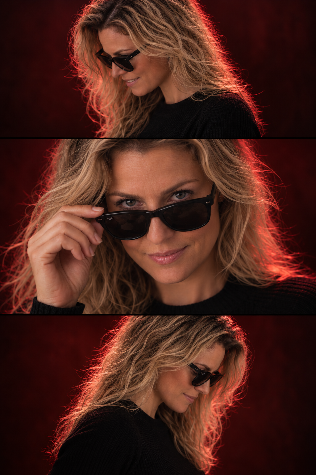 KI-Bild: Dreiteilige Porträtserie von Alina mit Sonnenbrille und rotem Licht