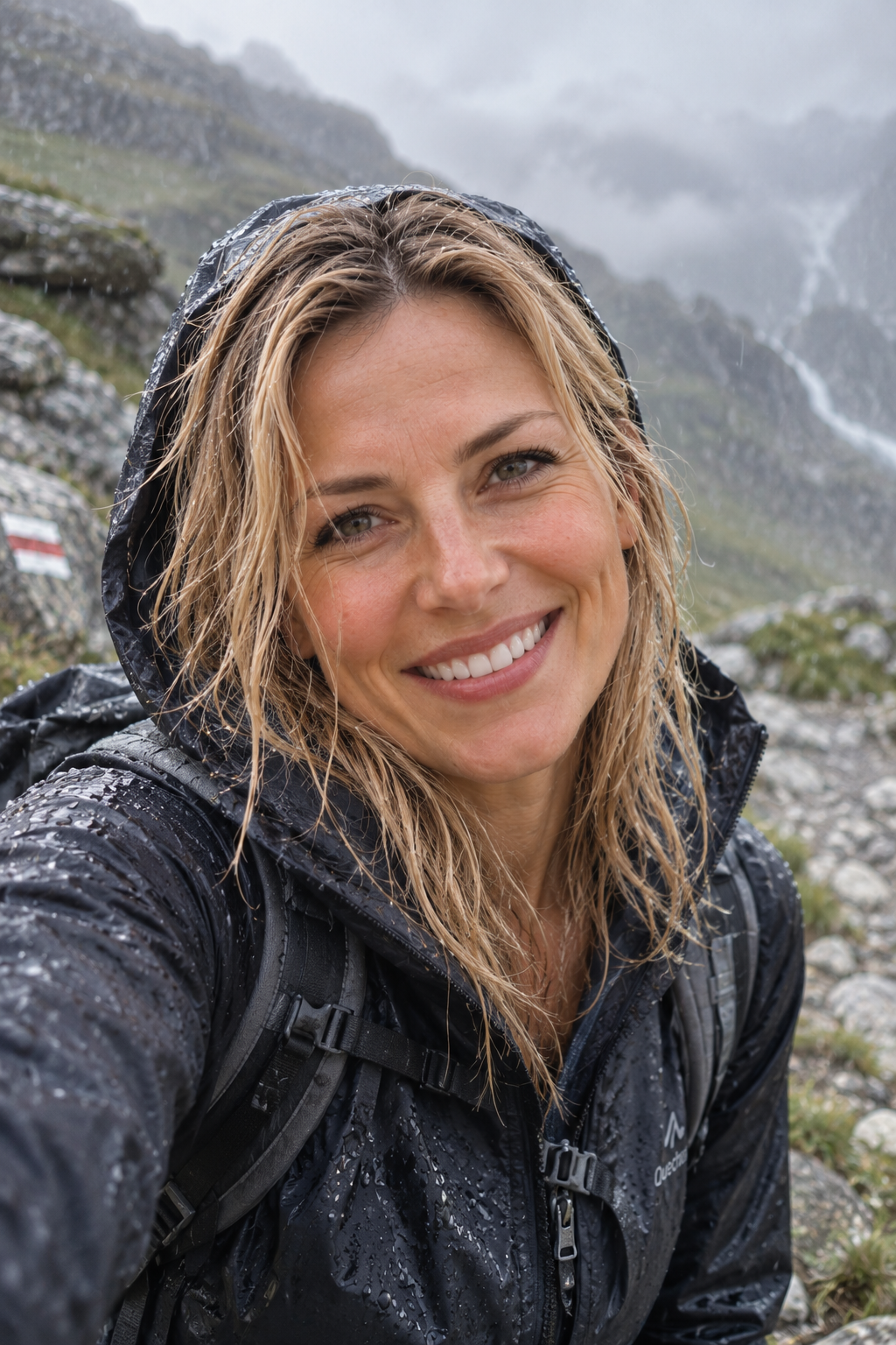 KI-Bild: Alina beim Wandern im Regen