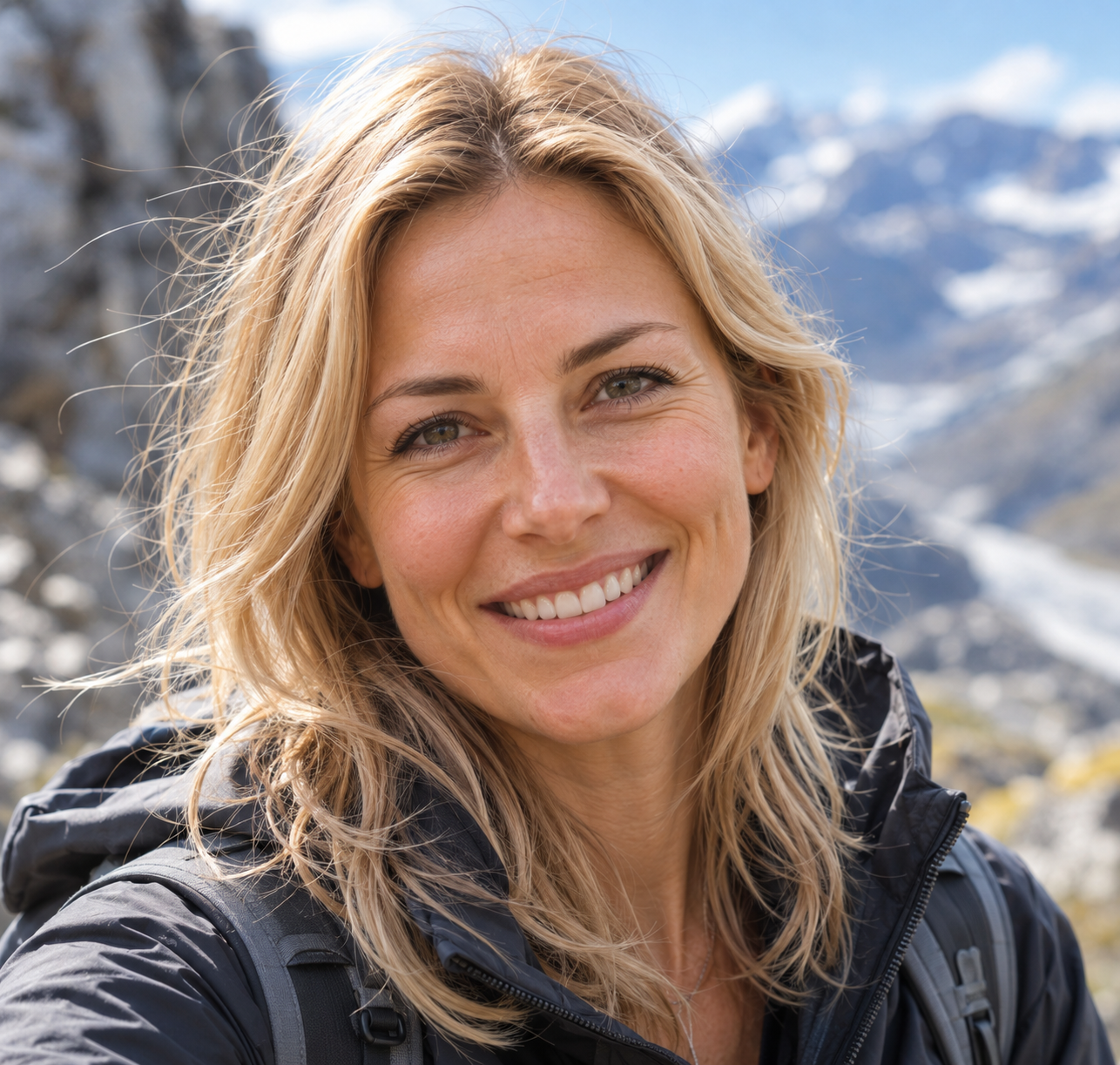 KI-Bild: Alina vor einer alpinen Berglandschaft