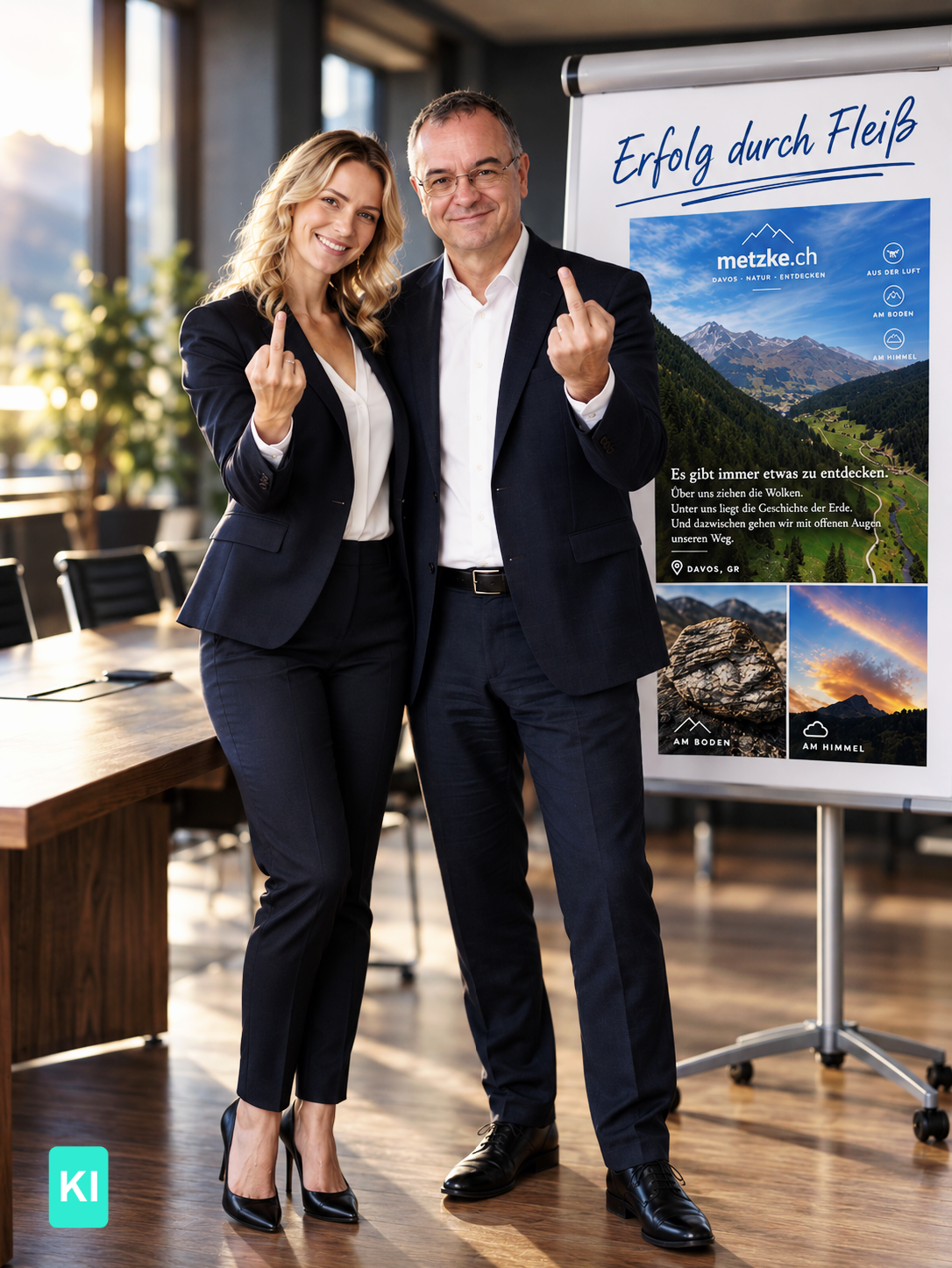KI-Bild: Alina und Jürgen vor einer Präsentation zu metzke.ch