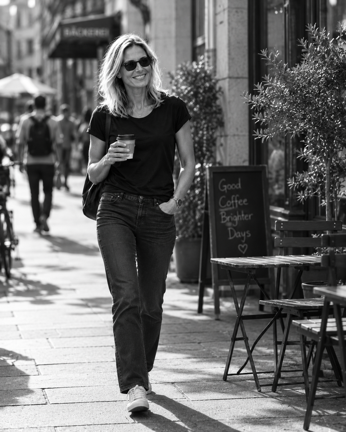 KI-Bild: Alina mit Kaffee in einer Strassenszene in Schwarz-Weiss