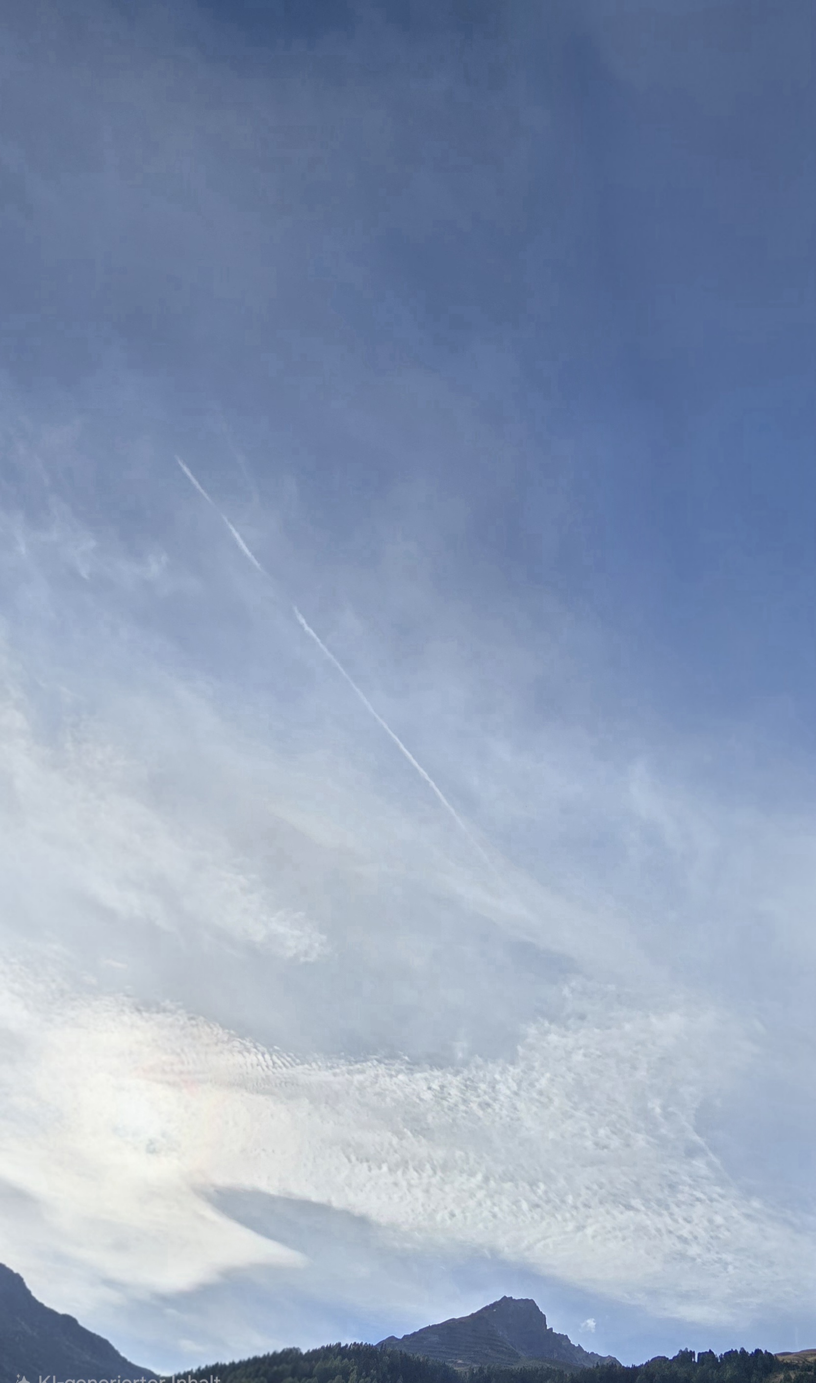 Blauer Himmel mit feinen weissen Wolkenfeldern und einem schmalen geraden hellen Streifen über den Bergen