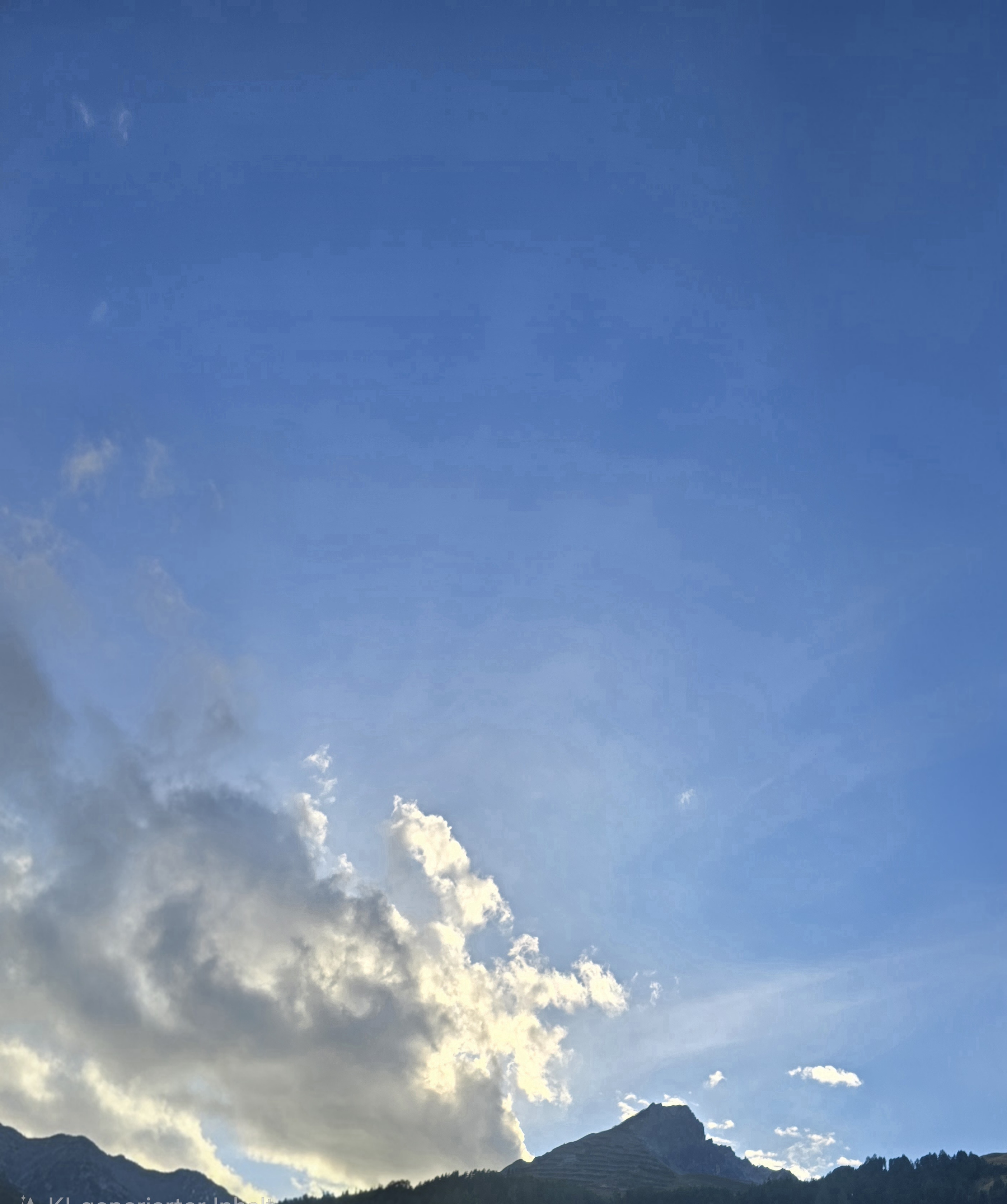 Zum Abend dominiert wieder das Blau. Links über den Bergen leuchten die Ränder einer grösseren Wolke im warmen Licht.