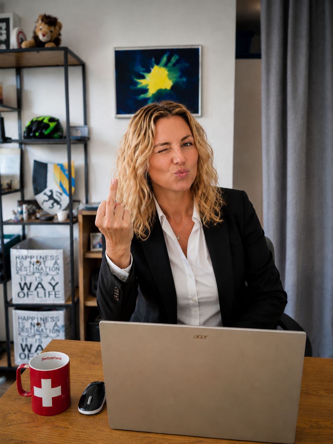 Alina am Laptop mit roter Schweiz-Tasse