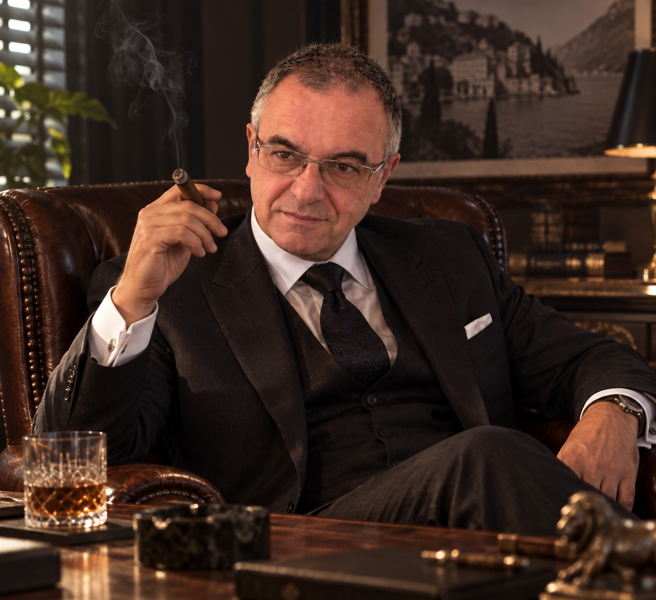 KI-generierte Darstellung von Jürgen als eleganter Mafia-Boss im Ledersessel