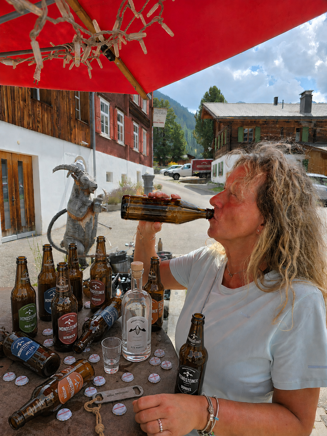 Chrissy beim humorvollen Biermoment in Monstein