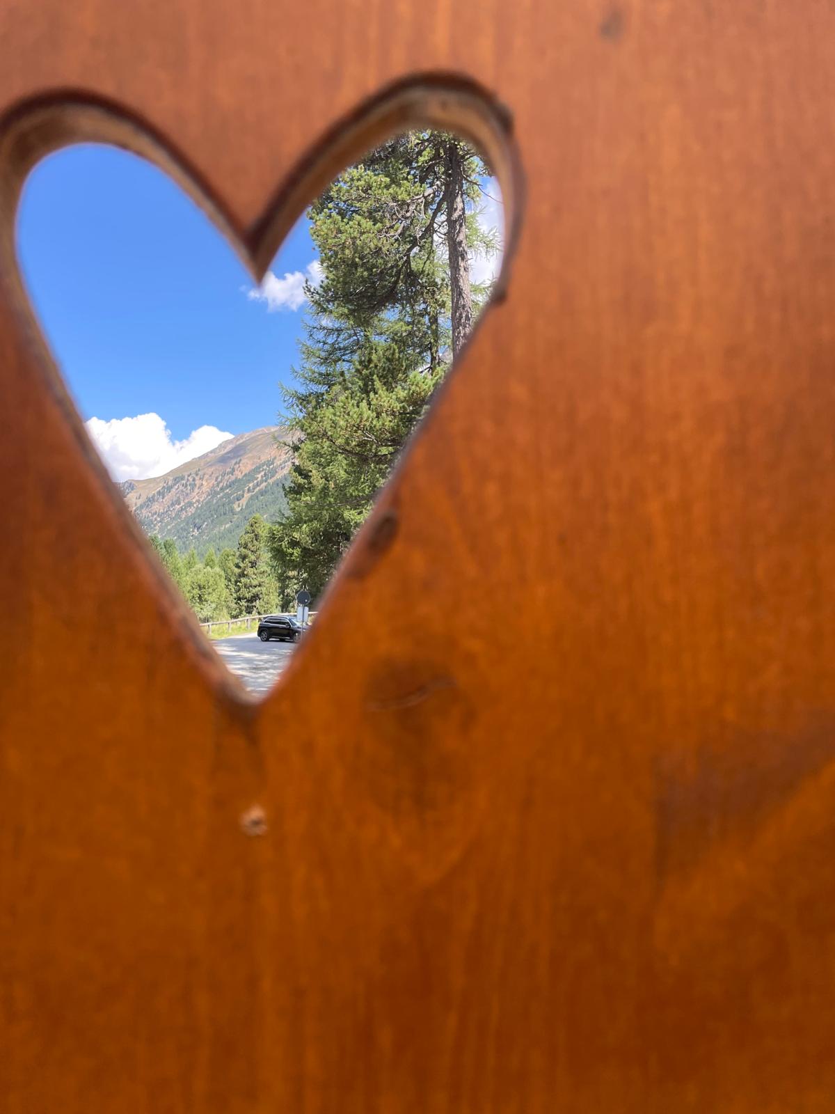 Bergblick durch ein herzförmiges Fenster in einem Dixi-Klo